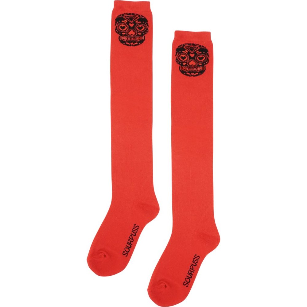 Red & Black Sugar Skull Muerte Thigh High Socks Goth Halloween RARE NWT